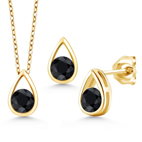Gem Stone King 2.07 Ct Round Black Sapphire 18K Yellow Gold Plated Silver Teardrop Pendant and Earrings Jewelry Set With Chain