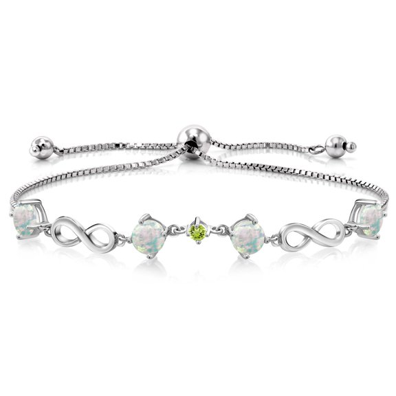 Gem Stone King 2.07 Ct Round Cabochon White Simulated Opal Green Peridot 925 Silver Keren Hanan Women Adjustable Infinity Tennis Link Bracelet