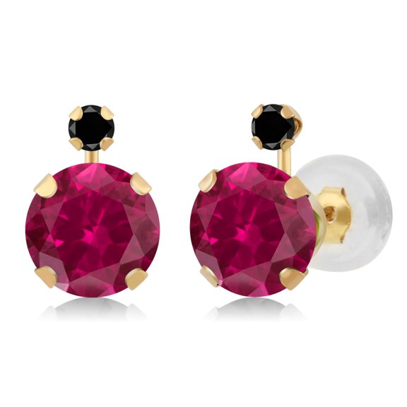 Gem Stone King 2.07 Ct Round Red Created Ruby Black Diamond 14K Yellow Gold Earrings
