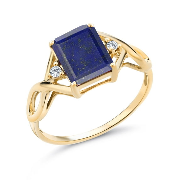 Gem Stone King 3-Stone Ring for Women | 18K Yellow Gold Plated Silver | 9X7MM Emerald Cut Gemstone Birthstone & Lab Grown Diamond | Wedding Anniversary Engagement Ring | Size 5-9 | Blue Lapis | 5