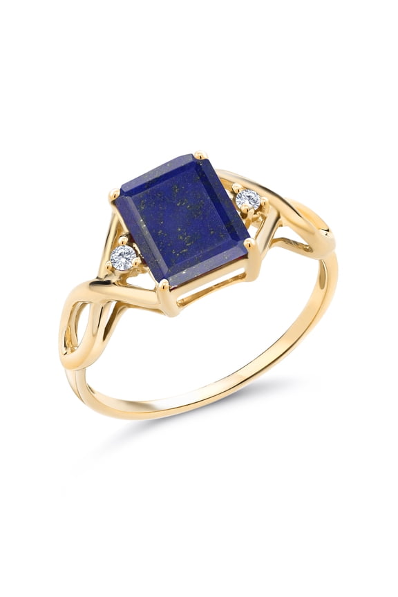 3-Stone Ring for Women | 18K Yellow Gold Plated Silver | 9X7MM Emerald Cut Gemstone Birthstone & Lab Grown Diamond | Wedding Anniversary Engagement Ring | Size 5-9 | Blue Lapis | 8