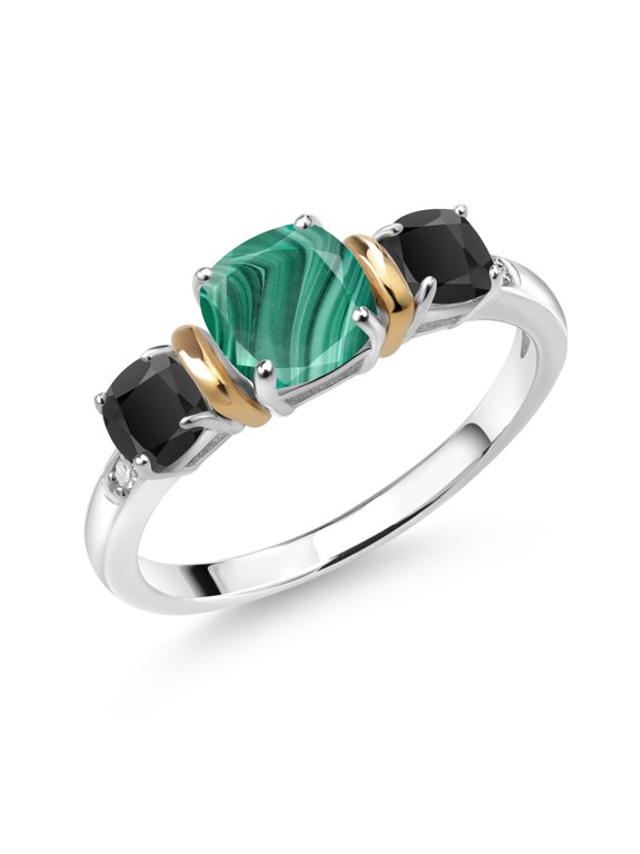 2.08 Cttw Cushion Green Malachite and Black Onyx 3-Stone Ring for Women | 925 Silver and 10K Yellow Gold | Three Stone Wedding Engagement Anniversary Promise Ring for Women | Size 7