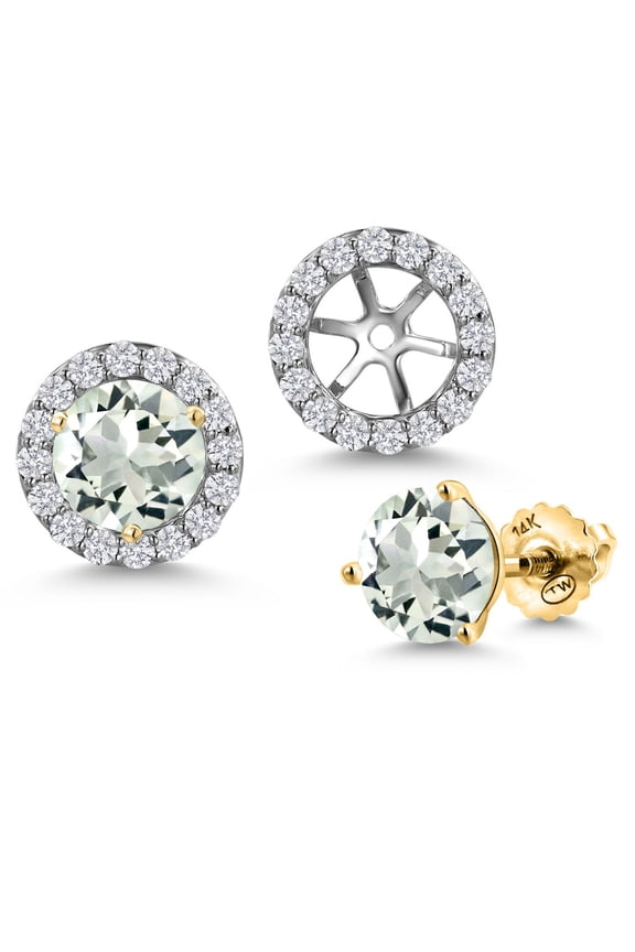 14K Two-Tone Gold Green Prasiolite and Lab Grown Diamond Removable Jacket Stud Halo Earrings for Women | 2.08 Cttw | Round 6MM | Gemstone Birthstone | Round 6MM