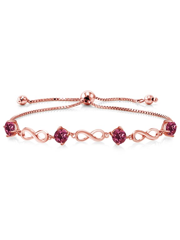 2.08 Ct Round Pink Tourmaline 18K Rose Gold Plated Silver Keren Hanan Women Adjustable Infinity Tennis Bracelet
