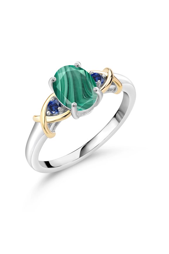 2.09 Ct Green Malachite Blue Created Sapphire 925 Silver and 10K Yellow Gold Ring (Size 6)