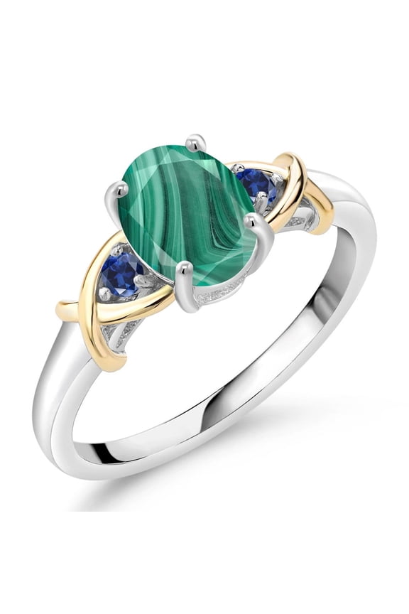 2.09 Ct Green Malachite Blue Created Sapphire 925 Silver and 10K Yellow Gold Ring (Size 6)