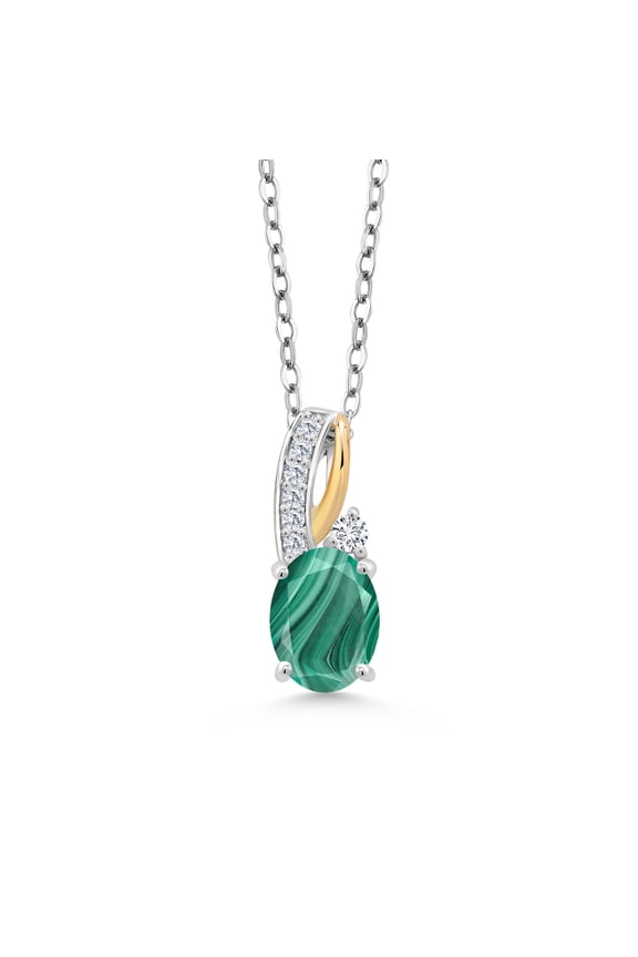 2.09 Ct Green Malachite E-F Lab Grown Diamond 925 Silver and 10K Yellow Gold Pendant with Chain