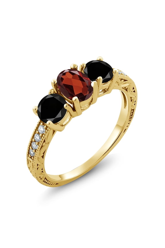 2.09 Ct Oval Red Garnet Black Diamond 18K Yellow Gold Plated Silver Moissanite Ring (Size 8)