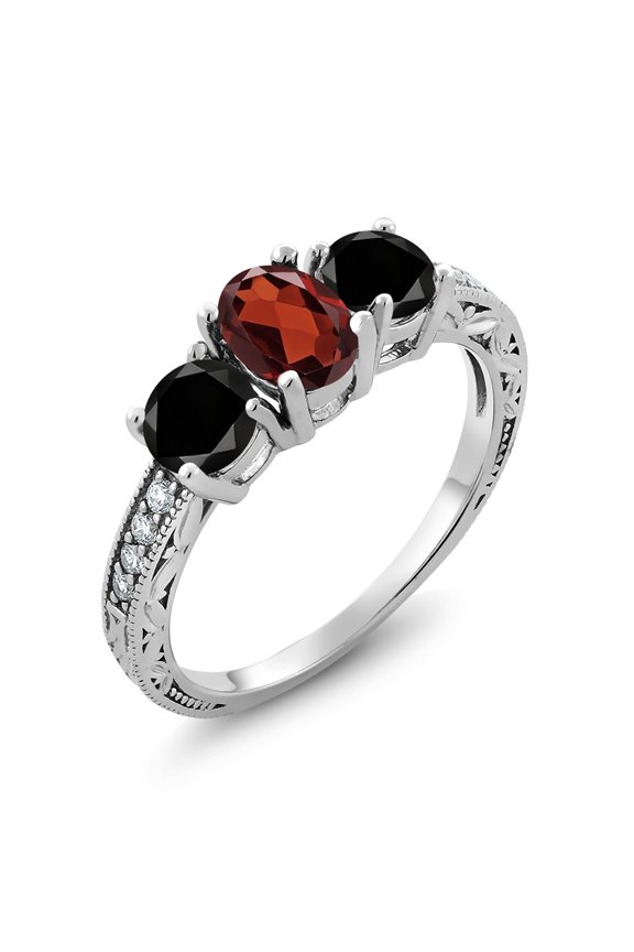 2.09 Ct Oval Red Garnet Black Diamond 925 Sterling Silver Moissanite Ring (Size 9)