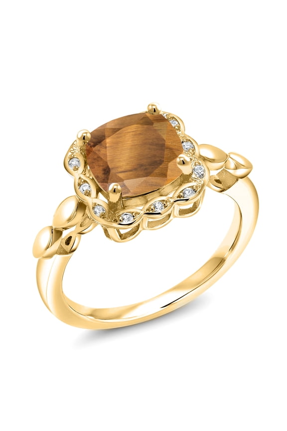 2.10 Ct Brown Tiger Eye White Created Sapphire 18K Yellow Gold Plated Silver Ring