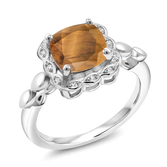 Gem Stone King 925 Sterling Silver Brown Tiger Eye and White Created Sapphire Engagement Ring for Women | 2.10 Cttw | Cushion 8MM | Gemstone Birthstone | Size 9