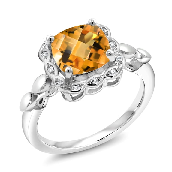 Gem Stone King 925 Sterling Silver Yellow Citrine and White Created Sapphire Engagement Ring for Women | 2.10 Cttw | Cushion Checkerboard 8MM | Gemstone November Birthstone | Size 7