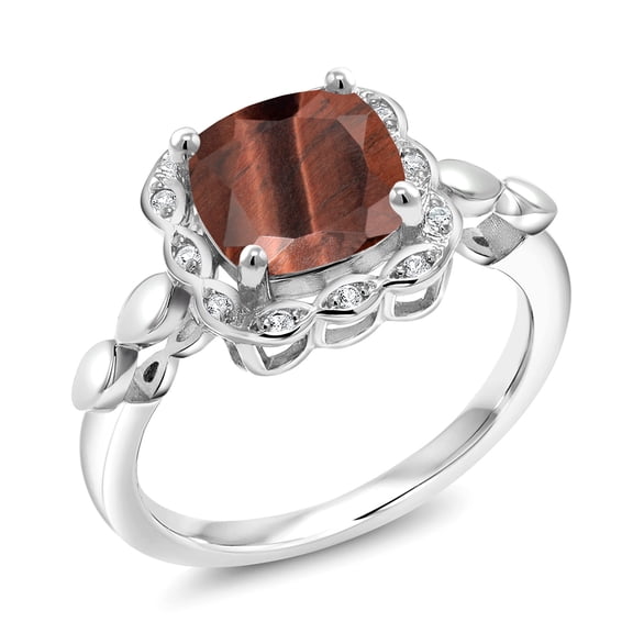 Gem Stone King 925 Sterling Silver Red Tiger Eye and White Created Sapphire Engagement Ring for Women | 2.10 Cttw | Cushion 8MM | Gemstone Birthstone | Size 9