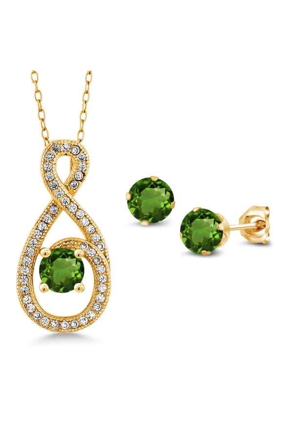 2.10 Ct Green Chrome Diopside 18K Yellow Gold Plated Silver Pendant and Earrings Jewelry Set