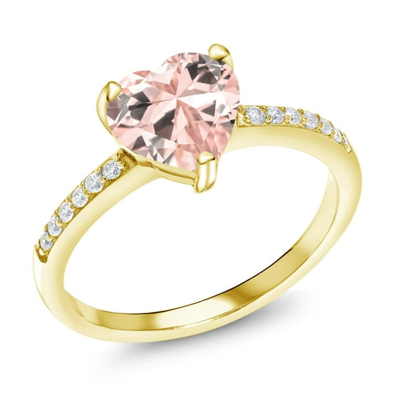 Gem Stone King 2.10 Ct Heart Shape Peach Nano Morganite 18K Yellow Gold Plated Silver Ring