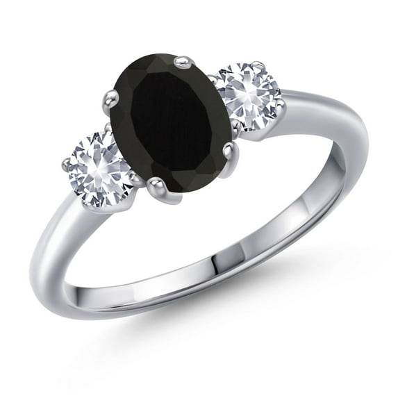 Gem Stone King 2.10 Ct Oval Black Onyx White Created Sapphire 925 Sterling Silver Ring