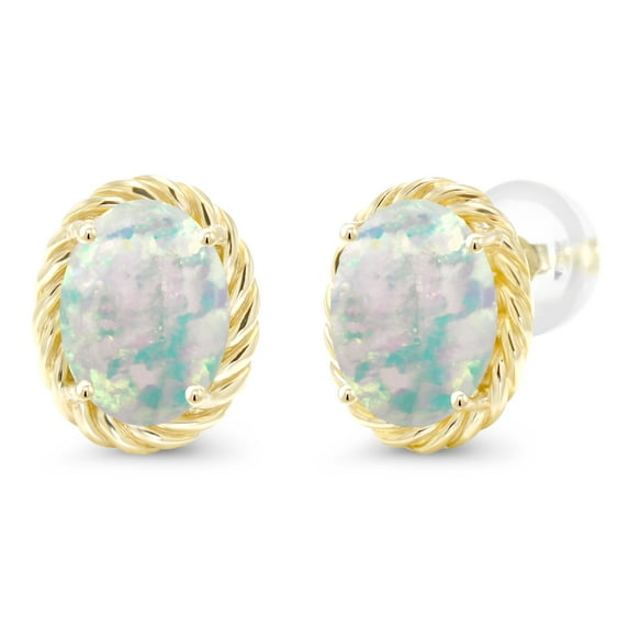 Gem Stone King 2.10 Ct Oval Cabochon 8x6mm White Simulated Opal 14K Yellow Gold Stud Earrings for Women Men