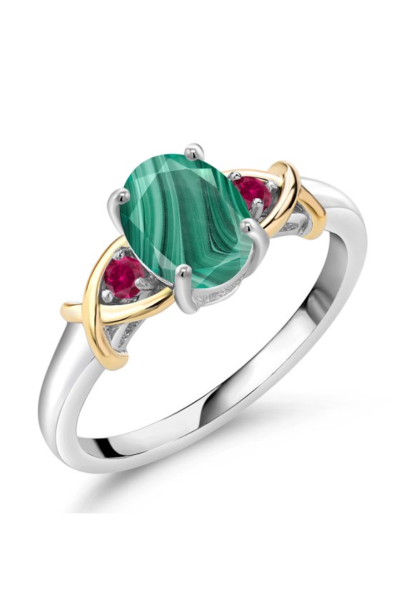 2.10 Ct Oval Green Malachite Red Created Ruby 925 Silver and 10K Yellow Gold Ring (Size 6)
