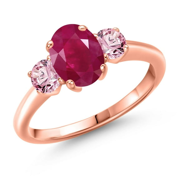 Gem Stone King 2.10 Ct Oval Red Ruby Pink Lab Grown Diamond 18K Rose Gold Plated Silver Ring