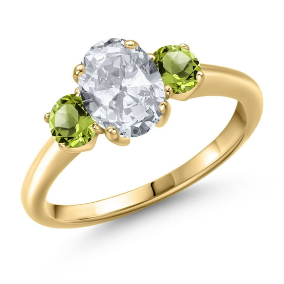 Gem Stone King 2.10 Ct Oval White Topaz Green Peridot 18K Yellow Gold Plated Silver Ring