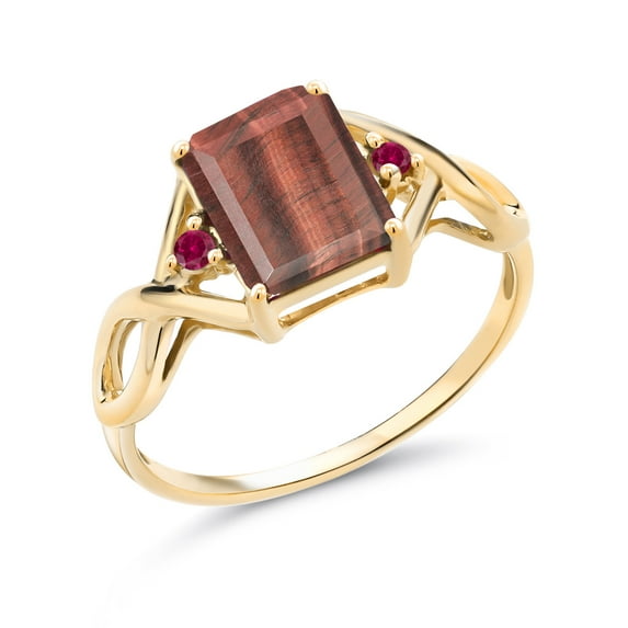 Gem Stone King 2.10 Ct Red Tiger Eye Red Created Ruby 18K Yellow Gold Plated Silver Ring