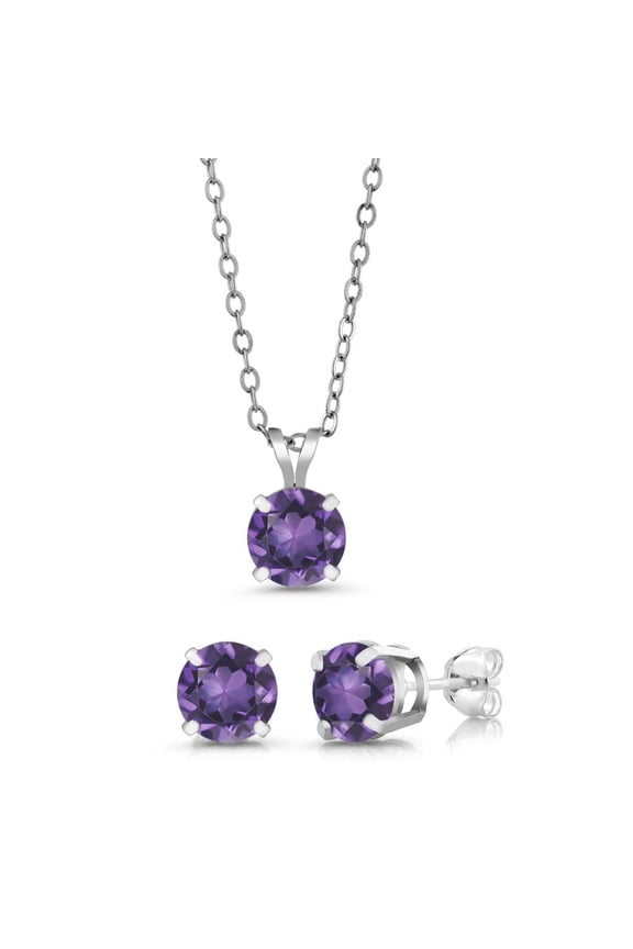 2.10 Cttw Round 6MM Purple Amethyst Gemstone Birthstone 925 Sterling Silver Stud Pendant and Earrings Jewelry Set with 18 inches Silver Chain