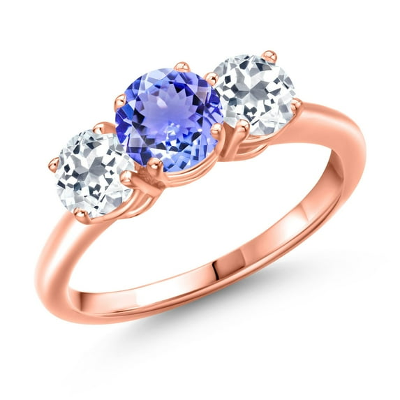 Gem Stone King 18K Rose Gold Plated Silver Blue Tanzanite and White Topaz Engagement Ring for Women | 2.10 Cttw | Round 6MM | Gemstone December Birthstone | Size 9