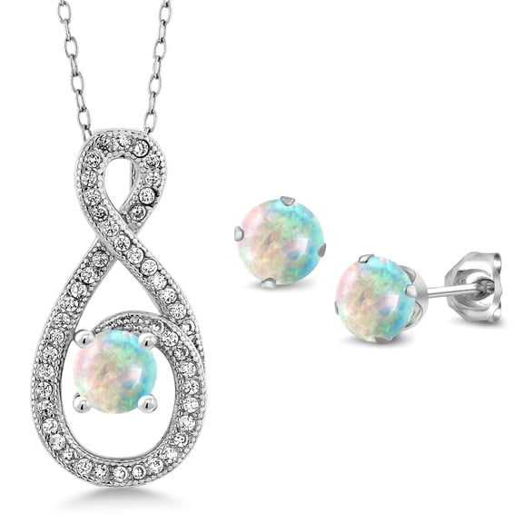 Gem Stone King 2.10 Ct Round Cabochon White Simulated Opal 925 Sterling Silver Pendant and Earrings Jewelry Set