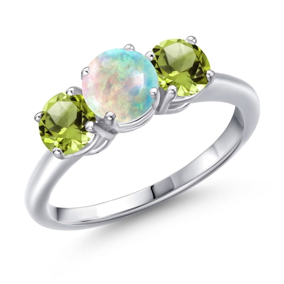 Gem Stone King 925 Sterling Silver Simulated White Opal and Green Peridot Engagement Ring for Women | 1.40 Cttw | Round Cabochon 6MM | Gemstone October Birthstone | Size 6