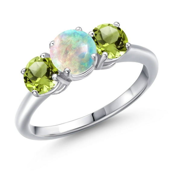 Gem Stone King 925 Sterling Silver Simulated White Opal and Green Peridot Engagement Ring for Women | 1.40 Cttw | Round Cabochon 6MM | Gemstone October Birthstone | Size 9