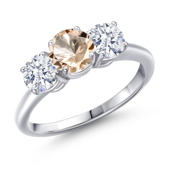 Gem Stone King 925 Sterling Silver Peach Morganite and White Zirconia Engagement Ring for Women | 2.10 Cttw | Round 6MM | Gemstone October Birthstone | Size 9