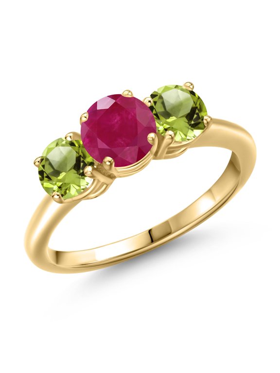 18K Yellow Gold Plated Silver Red Ruby and Green Peridot Engagement Ring for Women | 2.10 Cttw | Round 6MM | Gemstone July Birthstone | Size 5