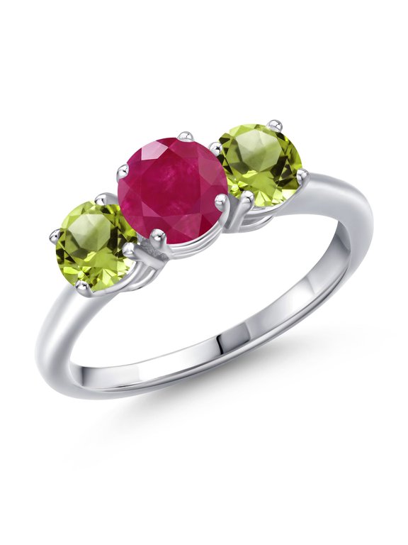 925 Sterling Silver Red Ruby and Green Peridot Engagement Ring for Women | 2.10 Cttw | Round 6MM | Gemstone July Birthstone | Size 9