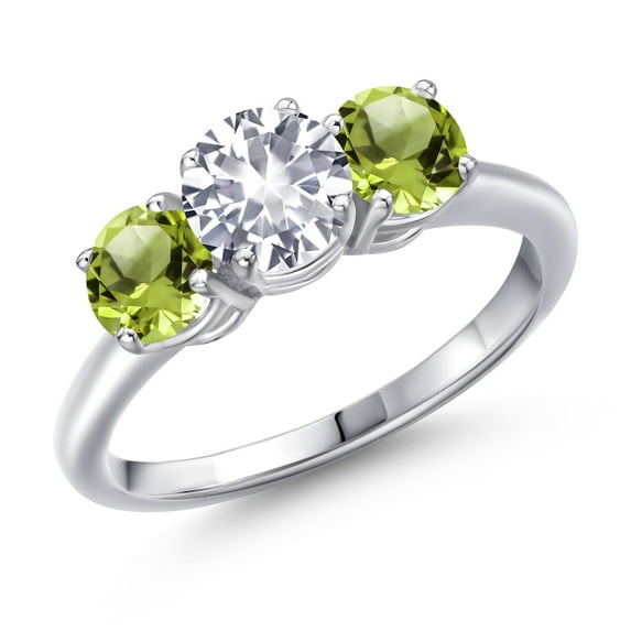 Gem Stone King 925 Sterling Silver White Created Sapphire and Green Peridot Engagement Ring for Women | 2.10 Cttw | Round 6MM | Gemstone September Birthstone | Size 7