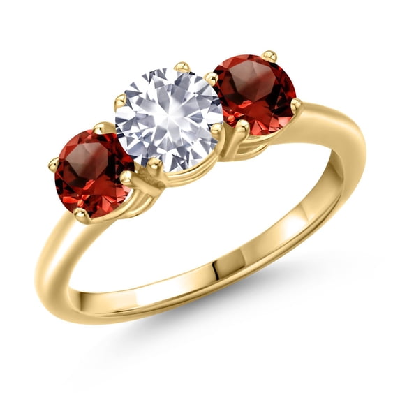 Gem Stone King 18K Yellow Gold Plated Silver White Created Sapphire and Red Garnet Engagement Ring for Women | 2.10 Cttw | Round 6MM | Gemstone September Birthstone | Size 9