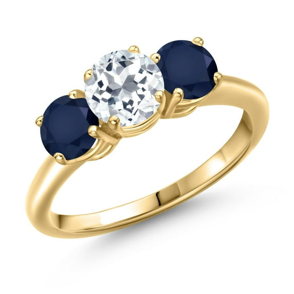 Gem Stone King 18K Yellow Gold Plated Silver White Topaz and Blue Sapphire Engagement Ring for Women | 2.10 Cttw | Round 6MM | Gemstone November Birthstone | Size 9