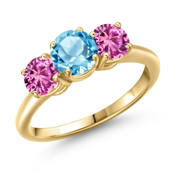 Gem Stone King 18K Yellow Gold Plated Silver Swiss Blue Topaz and Pink Created Sapphire Engagement Ring for Women | 2.10 Cttw | Round 6MM | Gemstone November Birthstone | Size 6
