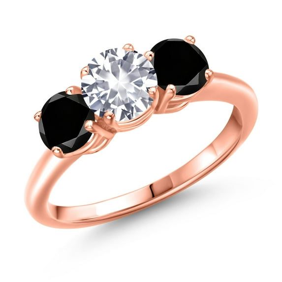 Gem Stone King 18K Rose Gold Plated Silver White Created Sapphire and Black Diamond Engagement Ring for Women | 2.10 Cttw | Round 6MM | Gemstone September Birthstone | Size 6
