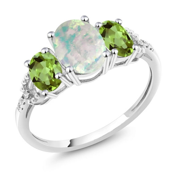 Gem Stone King 2.10 Cttw 10K White Gold Cabochon White Simulated Opal Green Peridot and Diamond Accent Three-Stone Engagement Ring for Women | Three Stone Wedding Anniversary Promise Ring (Size 6)