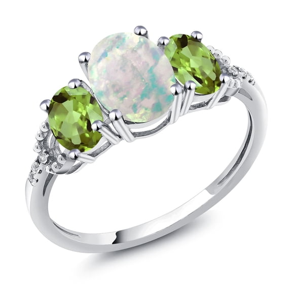Gem Stone King 2.10 Cttw 10K White Gold Cabochon White Simulated Opal Green Peridot and Diamond Accent Three-Stone Engagement Ring for Women | Three Stone Wedding Anniversary Promise Ring (Size 8)