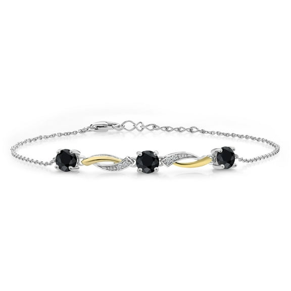 Gem Stone King 2.11 Ct Black Sapphire E-F Lab Grown Diamond 925 Silver and 10K Yellow Gold 7 inch Tennis Bracelet for Women with 1 inch Extender