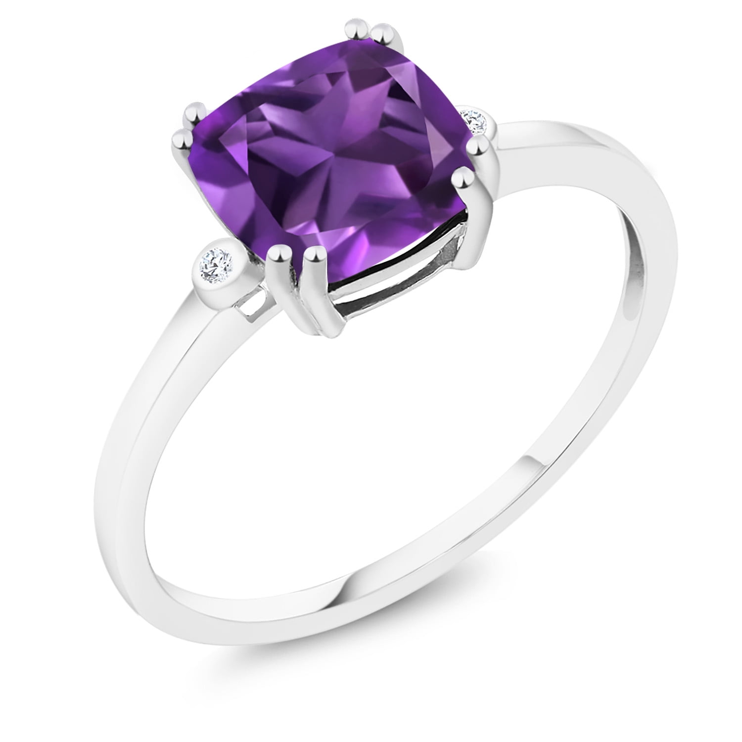 Gem Stone King 2.11 Ct Cushion Purple Amethyst White Diamond 10K White Gold Ring
