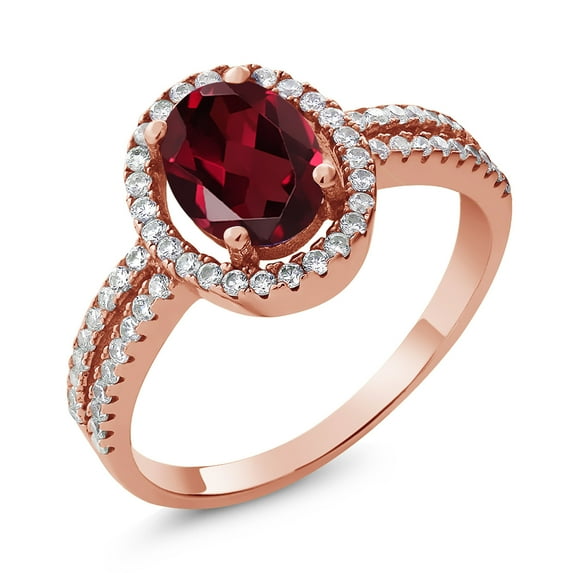 Gem Stone King 2.11 Ct Oval Red Rhodolite Garnet 18K Rose Gold Plated Silver Ring