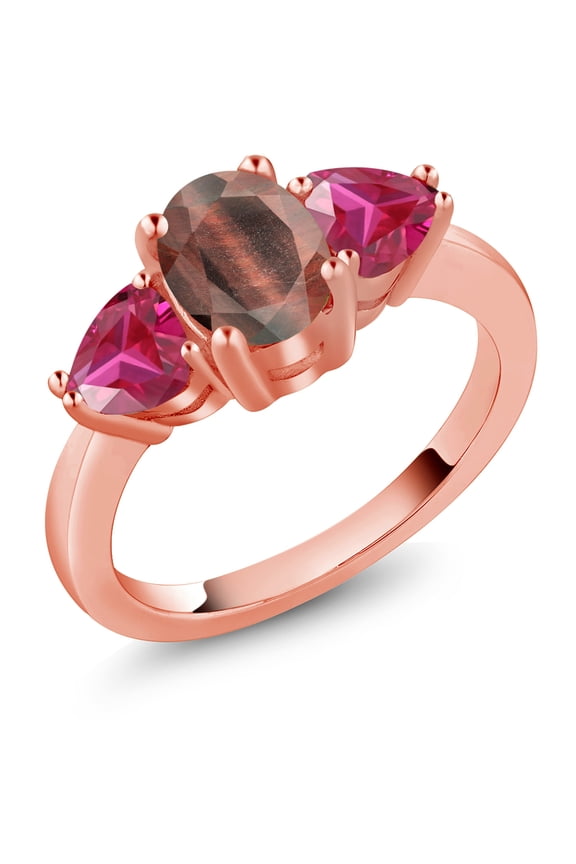 2.11 Ct Oval Red Tiger Eye Red Created Ruby 18K Rose Gold Plated Silver Ring (Size 5)