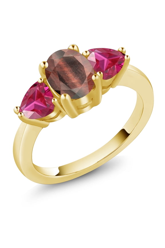 2.11 Ct Oval Red Tiger Eye Red Created Ruby 18K Yellow Gold Plated Silver Ring (Size 5)