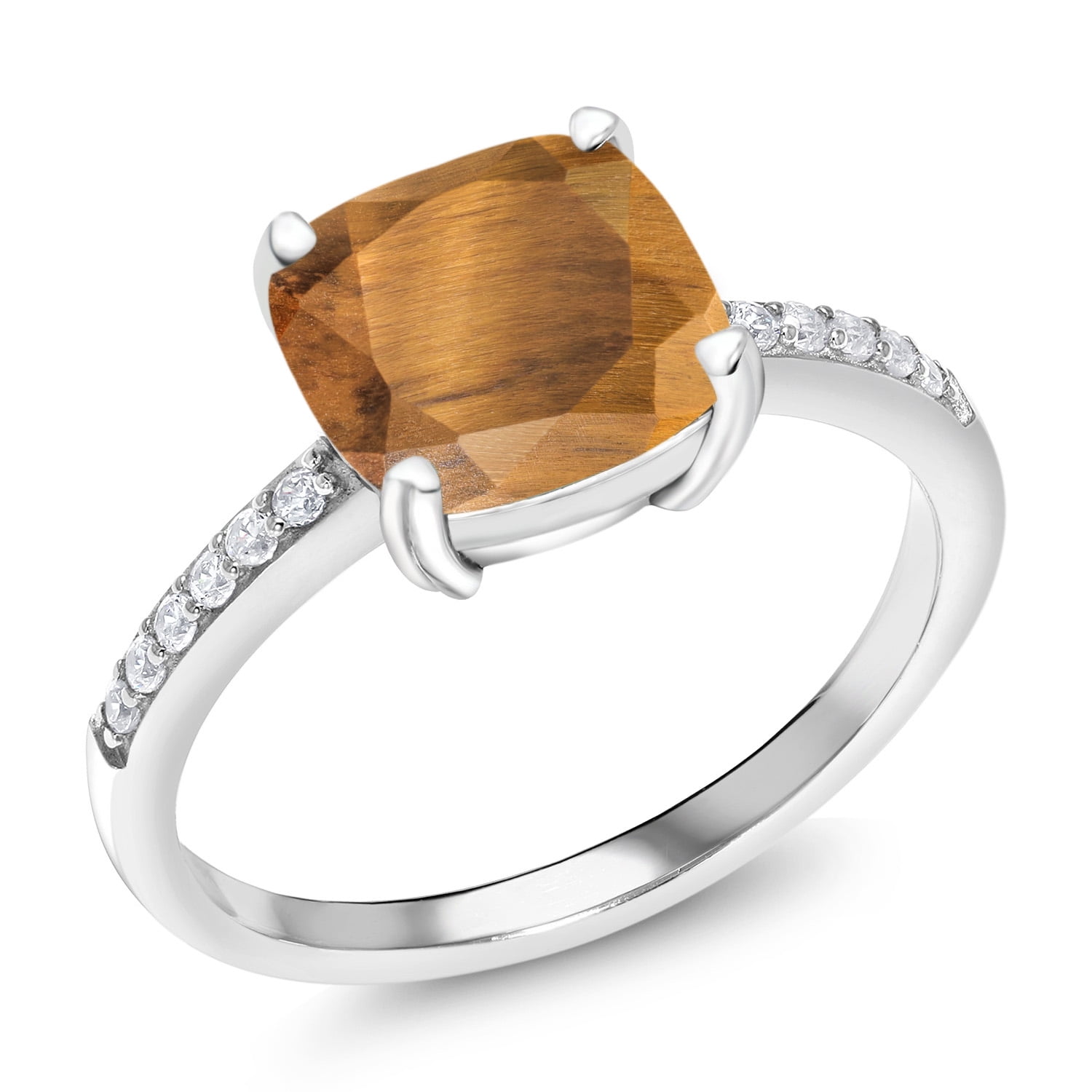Gem Stone King 2.12 Ct Cushion Brown Tiger Eye 925 Sterling Silver Ring