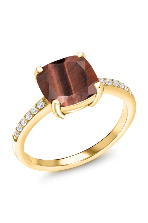 2.12 Ct Cushion Red Tiger Eye 18K Yellow Gold Plated Silver Ring