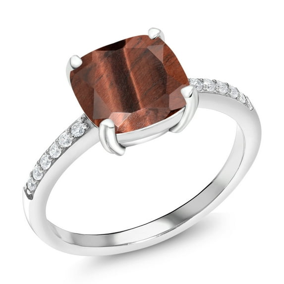 Gem Stone King 2.12 Ct Cushion Red Tiger Eye 925 Sterling Silver Ring