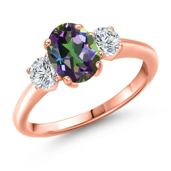 Gem Stone King 2.12 Ct Green Mystic Topaz G/H Lab Grown Diamond 18K Rose Gold Plated Silver Ring