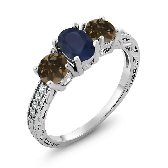 Gem Stone King 2.12 Ct Oval Blue Sapphire Brown Smoky Quartz 925 Sterling Silver Moissanite Ring (Size 6)